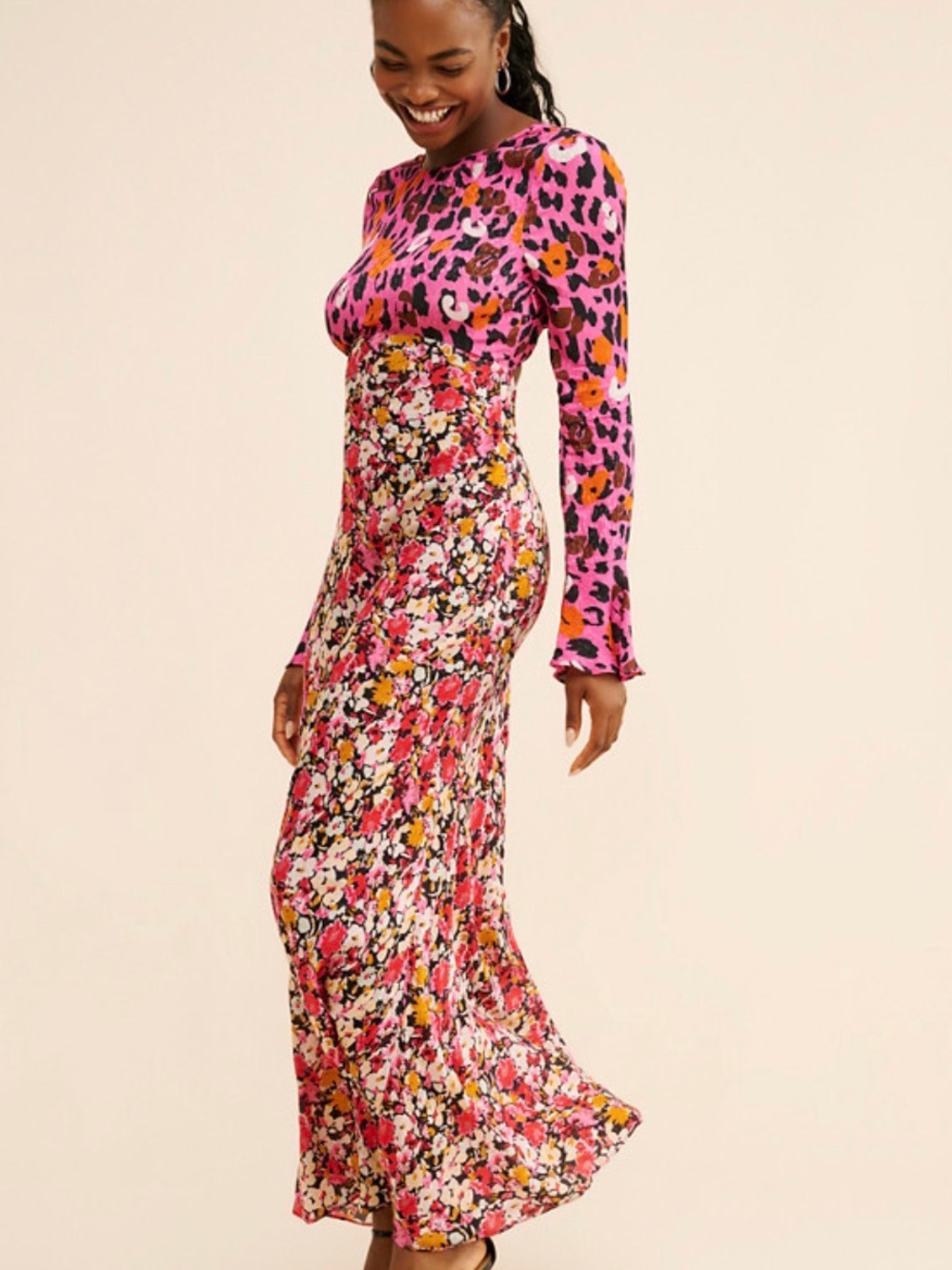 SAYLOR Pink Mixed-Print Long-Sleeve Maxi Dress
